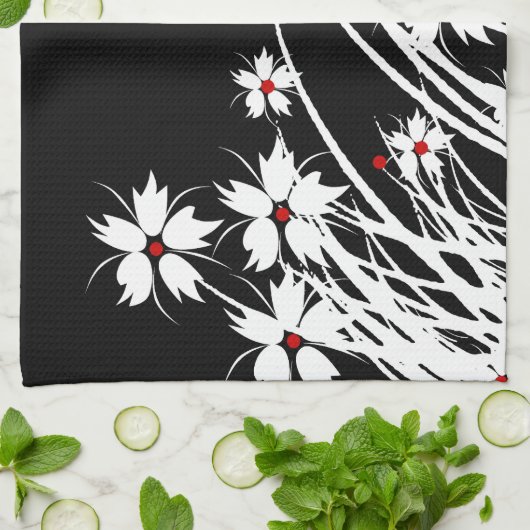 Keuken Handdoeken Bloemen Rood Zwart Wit DECOR SET (Gevouwen)