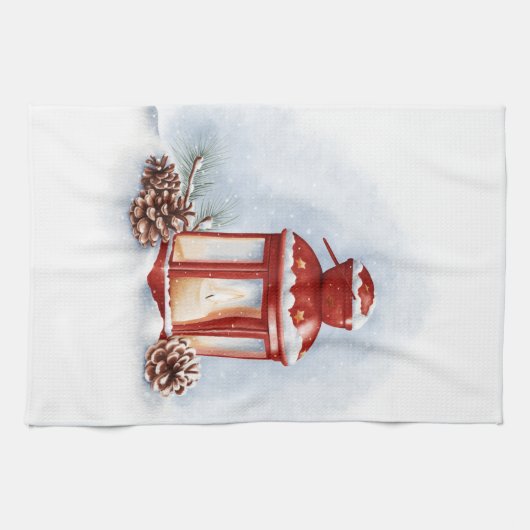 Keuken Handdoeken rode lantaarn met een gloeiende  (Horizontaal)