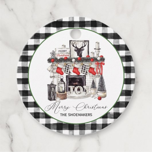 Keuken met rode zwarte en witte kerstvisten bedankjes labels (Voorkant)