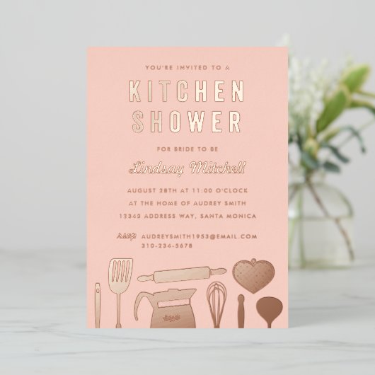 Keukenartikelen Bruiloft Rose Goud Folie Uitnodiging (Staand Voorkant)