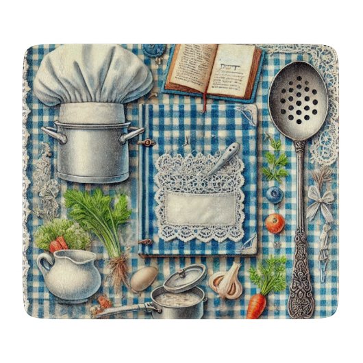  Keukenbenodigdheden op Blauw Tafelkleed Snijplank (Voorkant)