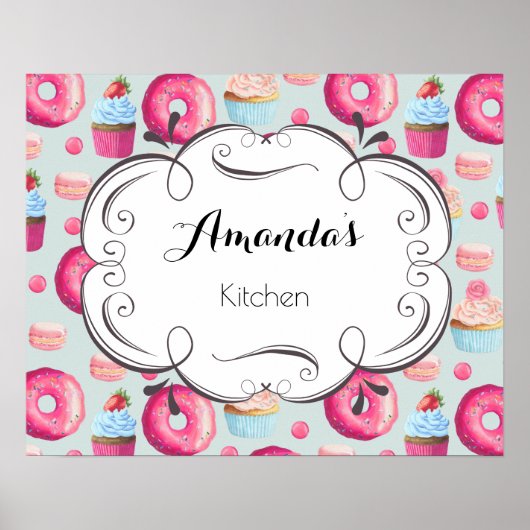 Keukenbord met donuts-macro's en cupcakes poster (Voorkant)