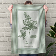Keukendoek met basilicumkruid - groene ginghamrand
