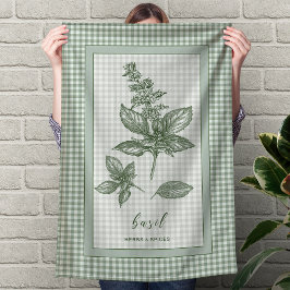 Keukendoek met basilicumkruid - groene ginghamrand theedoek