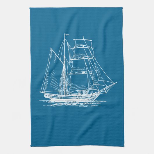 Keukendoek Schip voor de blauwe zeilboot Theedoek (Verticaal)