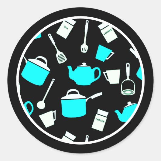 Keukengeoriënteerde gereedschappen en handkwaarpat ronde sticker (Voorkant)