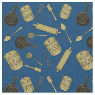 Keukengereedschap Patroon - Sepia op donkerblauw Stof