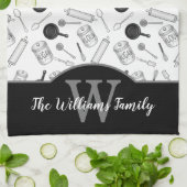 Keukengereedschapspatroonmonogram - zwart | wit theedoek (Gevouwen)