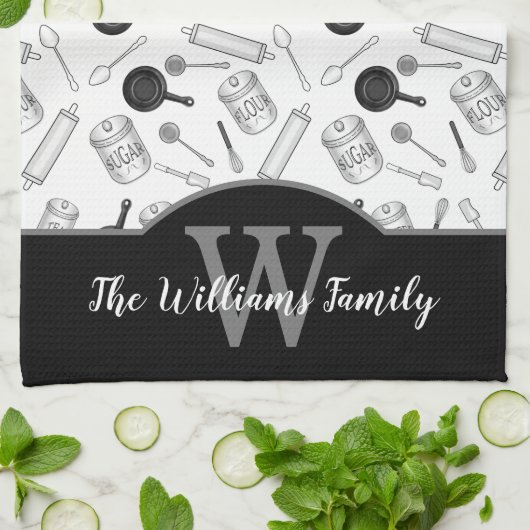 Keukengereedschapspatroonmonogram - zwart | wit theedoek (Gevouwen)