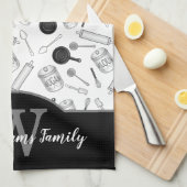 Keukengereedschapspatroonmonogram - zwart | wit theedoek (Quarter Fold)