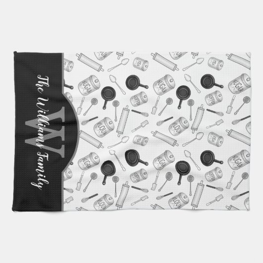 Keukengereedschapspatroonmonogram - zwart | wit theedoek (Horizontaal)