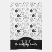Keukengereedschapspatroonmonogram - zwart | wit theedoek (Verticaal)