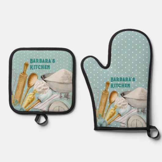 Keukengerei Bakbenodigdheden Blauwe Stippen Ovenwant & Pannenlap Set (Voorkant)