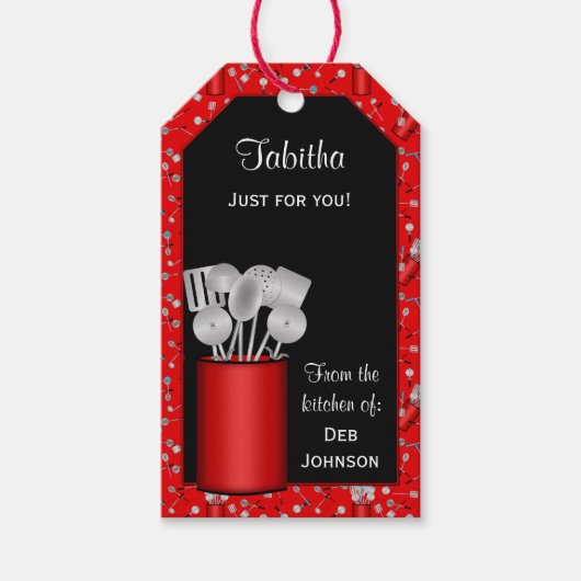 Keukengerei, LABEL met rood-HANG/SJABLOON met LABE Cadeaulabel (Voorkant)