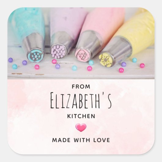 Keukengerei met verkleurde pennen vierkante sticker (Voorkant)