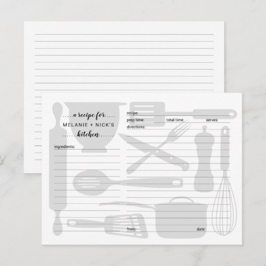 Keukengerei receptenkaarten, neutraal grijs briefkaart (Voorkant / Achterkant)