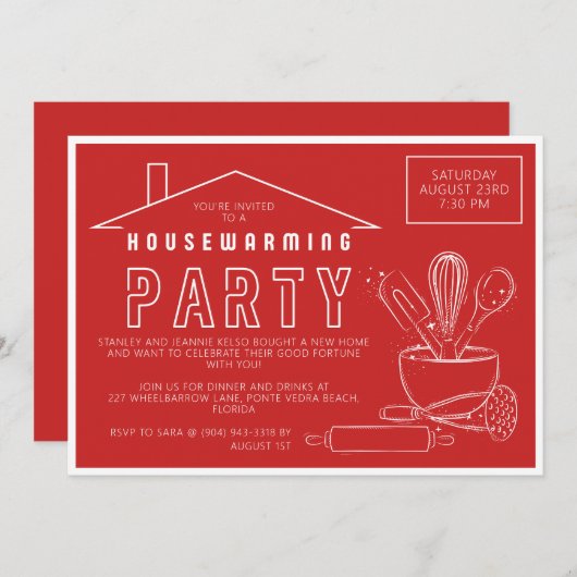Keukengerei Vet Rood Huisverwarming Uitnodiging (Voorkant / Achterkant)