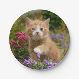 Keukenginger kitten in een tuin papieren bordje