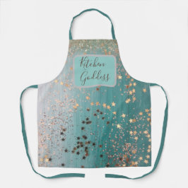 Keukengodin Gold stert op Blauwgroen Schort