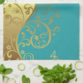 Keukenhanddoek-Blauwgroen & goudziren Theedoek (Gevouwen)