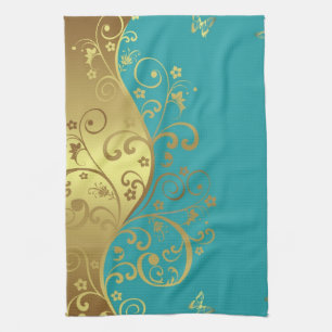 Keukenhanddoek-Blauwgroen & goudziren Theedoek