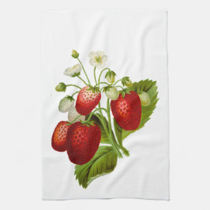 Keukenhanddoek met aardbeien en groene bladeren