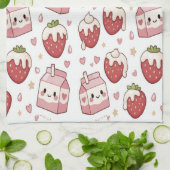 Keukenhanddoek met aardbeien en melk (Gevouwen)