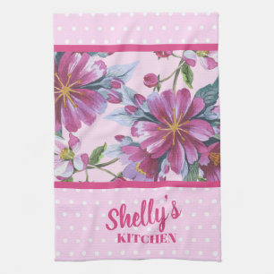 Keukenhanddoek met appelbloesem en roze polkadots