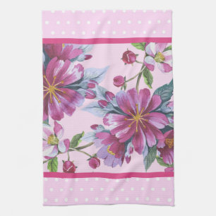 Keukenhanddoek met appelbloesems en roze polkadots
