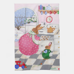 Keukenhanddoek met bakkende konijnen en koekjes