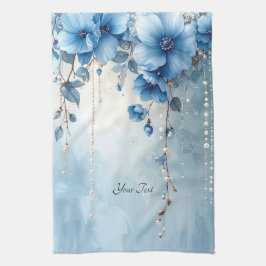 Keukenhanddoek met blauwe bloemen en parels