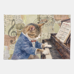 Keukenhanddoek met gemengde media kat die piano sp