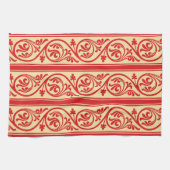 keukenhanddoek met rolpatronen rood en gouden keu (Horizontaal)