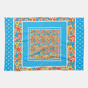 Keukenhanddoek: Oranje Floral, blauwe pooldots Theedoek