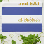 Keukenhanddoek Pascha/Blauw, "EET BIJ... " (Gevouwen)