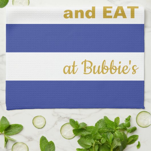 Keukenhanddoek Pascha/Blauw, "EET BIJ... " (Gevouwen)