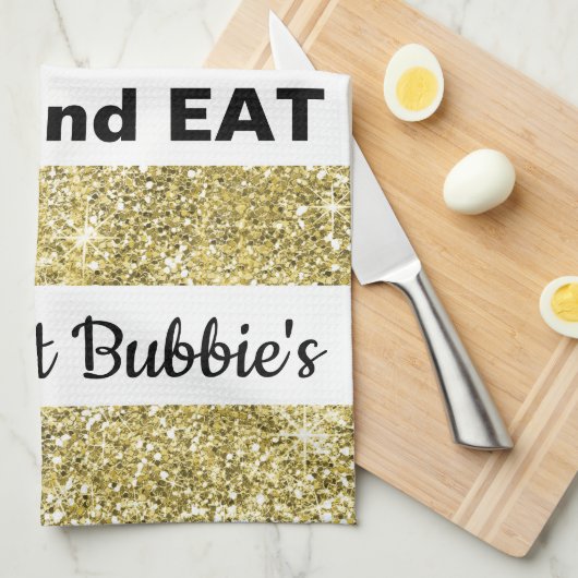 Keukenhanddoek Pascha/Goud, "EET BIJ... " (Quarter Fold)