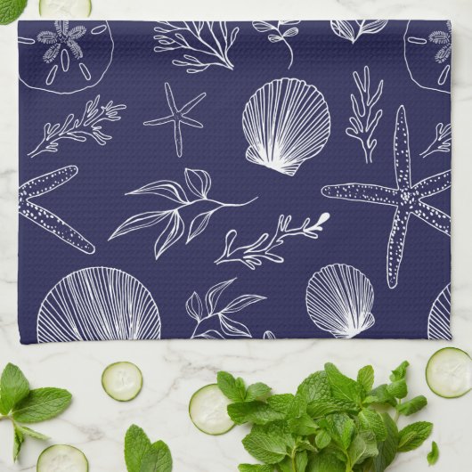 keukenhanddoek van Navy Blue Ocean Elements (Gevouwen)