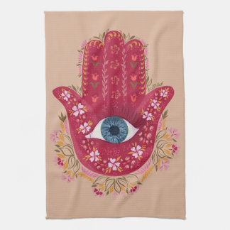keukenhanddoeken van Hamsa Hand_Magenta_Cream