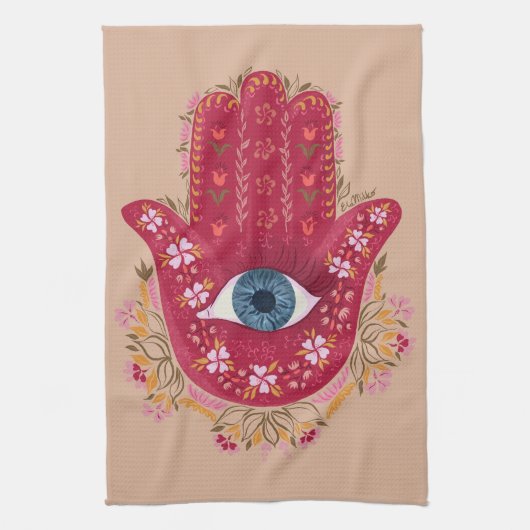 keukenhanddoeken van Hamsa Hand_Magenta_Cream (Verticaal)