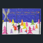 Keukenhanddoeken voor de kerstboom van Retro Boerd<br><div class="desc">Deze Retro-kerstboomkeuken Boerderij Kitchen Towel kenmerkt een moderne, minimalistische cartoon familie uit de middeleeuwse eeuw die op zoek is naar de perfecte boom om te trimmen. Het ontwerp shows mam, pap en jeneverbes in een kleurrijke kerstboomstijl uit de jaren '60. Het ziet ernaar uit dat het hoort in een speciale...</div>