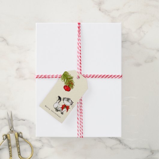 Keukenkat in een rode kerstbak cadeaulabel (Met Touw)