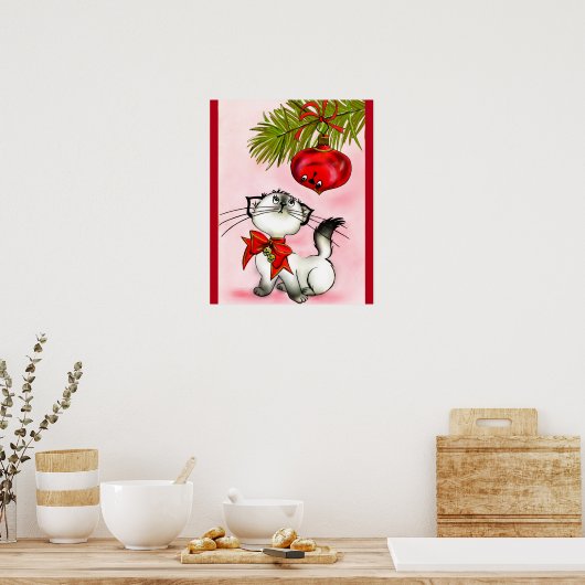 Keukenkat in een rode kerstbak poster (Keuken)