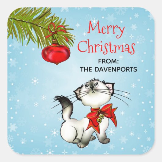 Keukenkat in een rode kerstbak vierkante sticker (Voorkant)