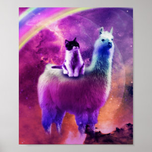 Keukenkat op regenbooglama in de ruimte poster