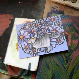 Keukenkat Paarse Daisies Gray Cat Gray Cats Briefkaart