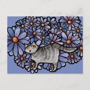 Keukenkat Paarse Daisies Gray Cat Gray Cats Feestdagenkaart