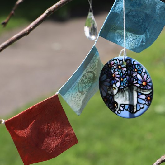 Keukenkat Paarse Daisies Gray Cat Gray Cats Keramisch Ornament