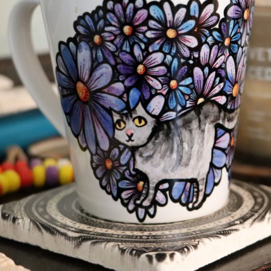 Keukenkat Paarse Daisies Gray Cat Gray Cats Latte Mok