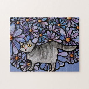 Keukenkat Paarse Daisies Gray Cat Gray Cats Legpuzzel